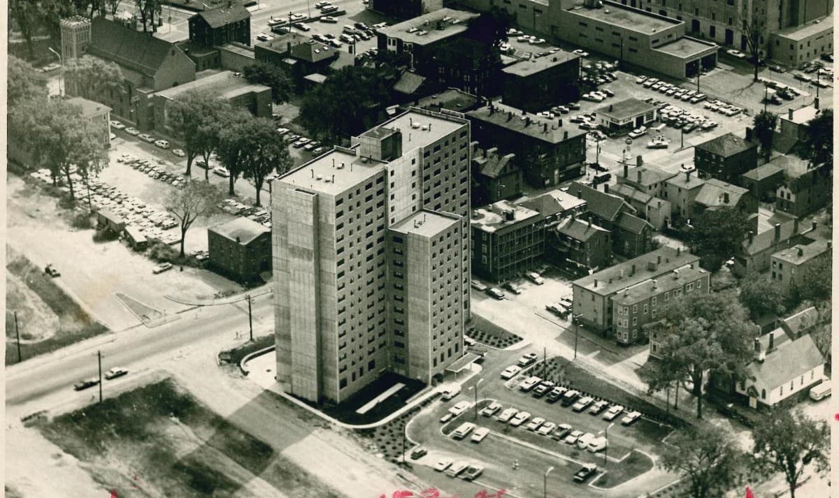 1969 postcard image of Franklin Towers from above